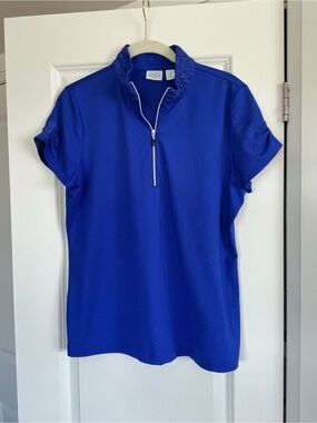 Ruffled Collar Quarter-Zip Golf Shirt in Vivid Blue